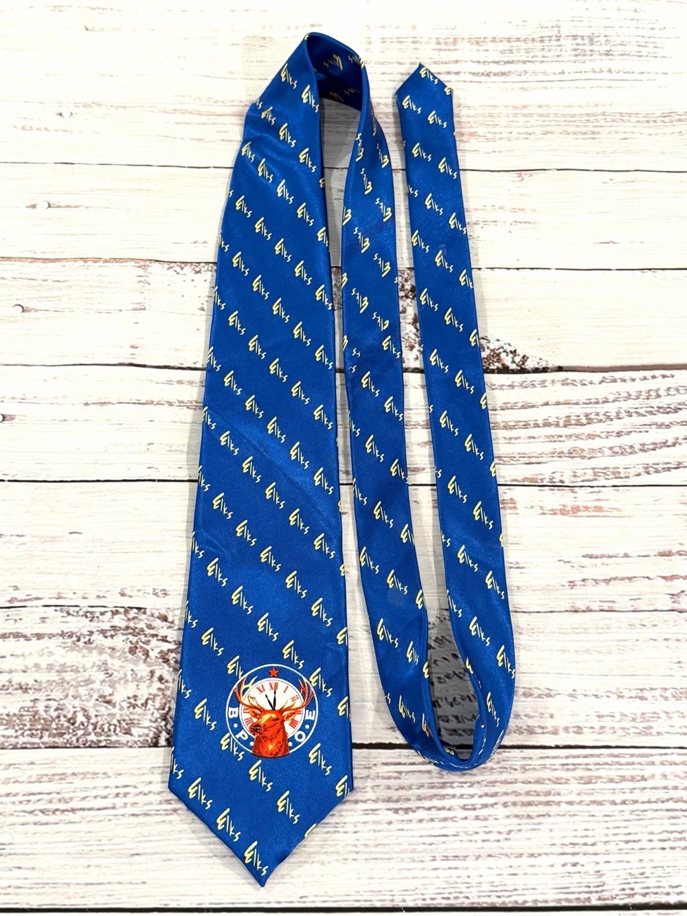 BPOE Elks Necktie Blue With All Over Yellow “Elks” Logo Handmade W/ Elk Emblem